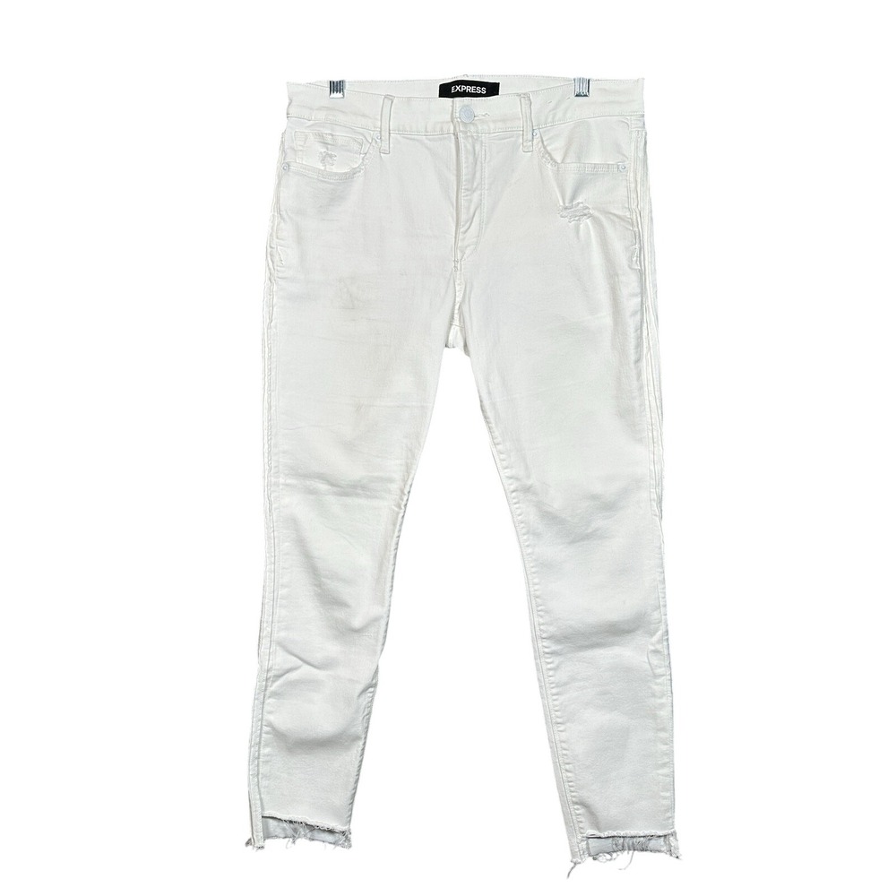 Express Ankle Legging Jeans Womens 12R White Distressed Mid Rise Raw Hem Stretch